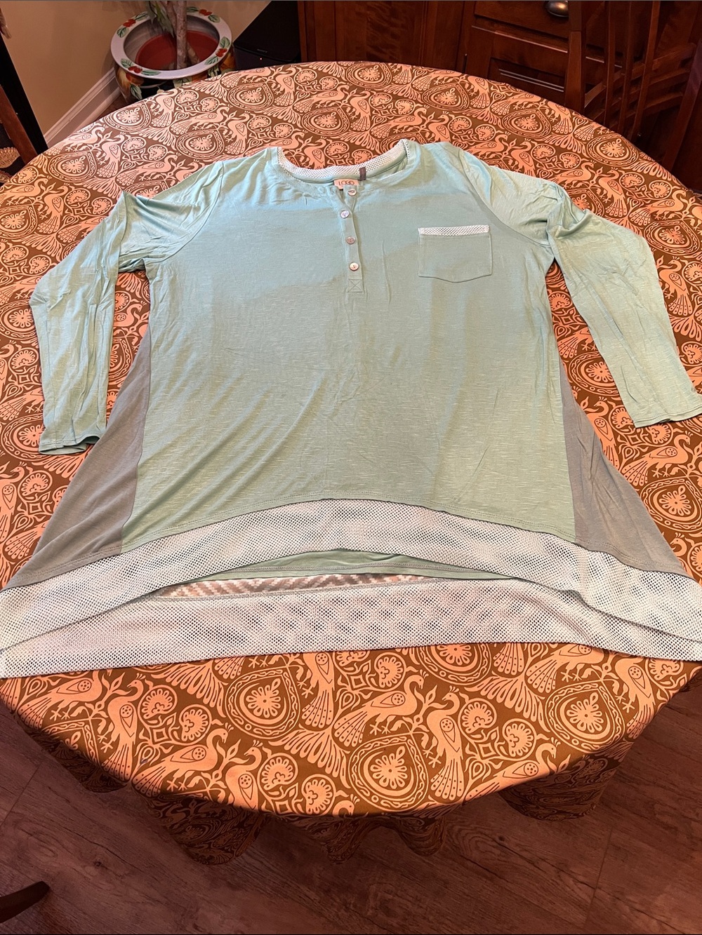 LOGO by Lori Goldstein Green Layered Henley Long Sleeve Top Hi-Lo Hem